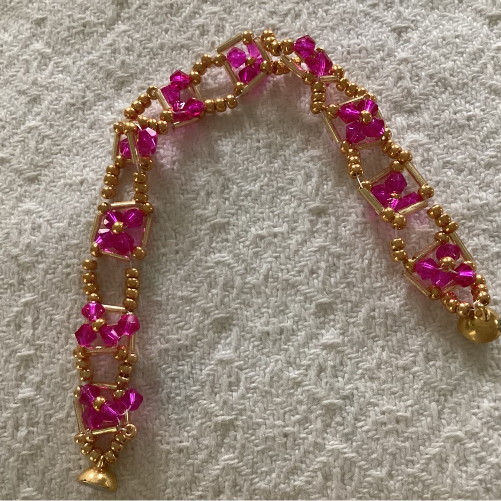 Hand Crafted Gold and Pink Floral Bracelet